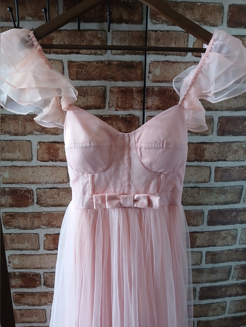 Blush PINK Tulle Midi DRESS Ruffle Bow Waist MABLE Graduation Wonen's Size M - Picture 15 of 15